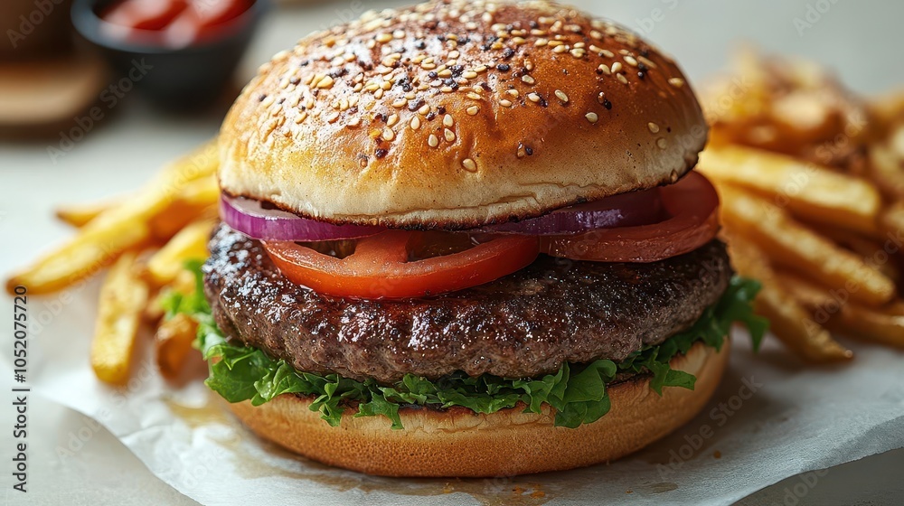 delicious hamburger accompanied by crispy fries, presented on a white background, showcasing the tasty appeal of fast food in an enticing and vivid way delicious hamburger accompanied by crispy fries, presented on a white background, showcasing the tasty appeal of fast food in an enticing and vivid way