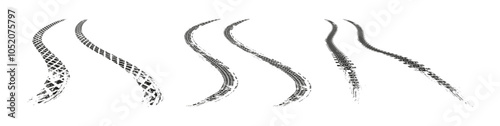 Car or motorcycle realistic curvy tire tracks. Vector isolated automobile traces on road or highway. Skidding or stopping transport, drifting race trail. Grungy monochrome messy shape set