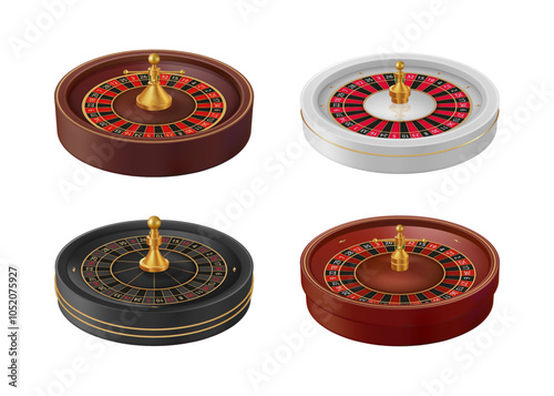 Realistic fortune wheel or roulette in casino or vegas gambling establishment. Vector isolated side view icons, 3d game with numbers for gamblers trying luck and taking risks. Winning money