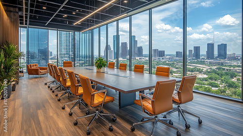 A large corporate conference table with leather chairs around, set in a modern office with floor-to-ceiling windows and a cityscape view