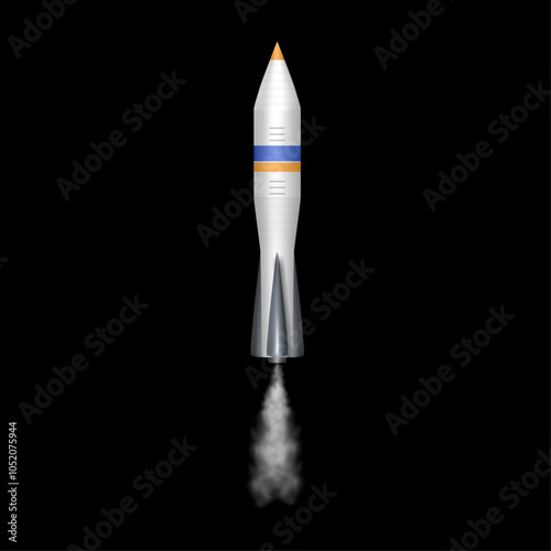 Launching rocket with fumes and smoke. Vector isolated realistic space shuttle going on mission. Cosmic and universe exploration and expeditions. Speedy transport for astronauts cosmonauts