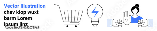 Shopping cart next to energy-efficient lightbulb symbol and person with outstretched hand in stop gesture flanked by clenching fists. Ideal for ecommerce, sustainability, energy awareness, conflict