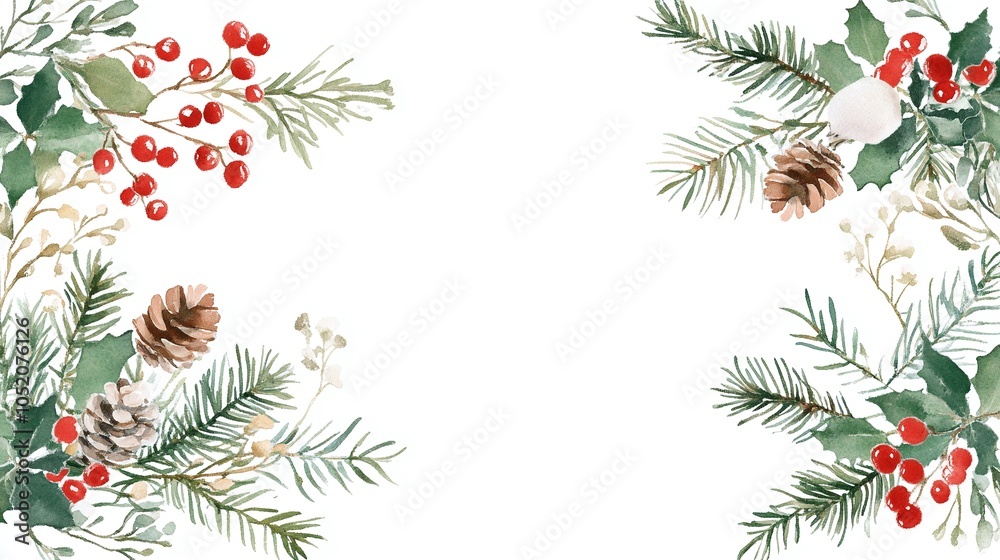 Festive botanical frame with pine berries and holly for holiday greetings and celebrations Festive botanical frame with pine berries and holly for holiday greetings and celebrations