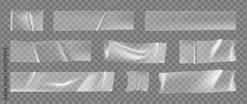 Cellophane or plastic transparent duct tapes. Vector isolated realistic set of stripes with badly glued and wrinkled surface effect. Wrap or sticky adhesive notes, packaging decoration for parcels