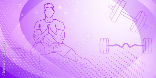 Purple fitness themed background. Colorful illustration of a person with their hands clasped together, appearing to be meditating or resting, set against a backdrop with sports symbols.