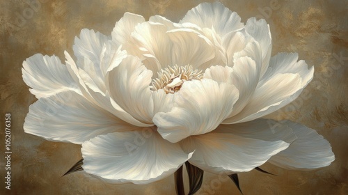 A close up of a large white peony flower with soft petals against a warm, muted background