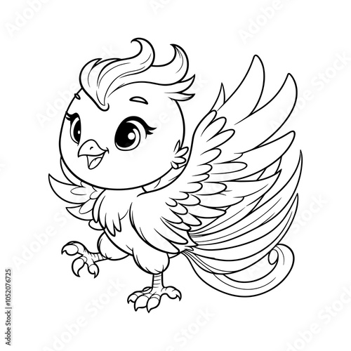 Cute Phoenix Cartoon , Mythology Coloring Book for Children , Vector Illustration