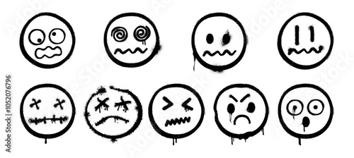 Sprayed faces, isolated set of doodle emoticons with emotions and expressions. Vector characters with irritated and annoyed, surprised and squeamish personages. Grungy emoji emoticons creatures
