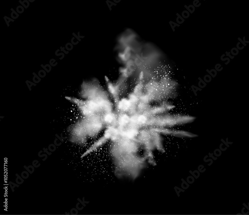 Dust spray, white smoke, powder explosion with particles. Vector isolated realistic clouds with pieces, white sand or flour, cosmetics product design, chemical substance reaction effect