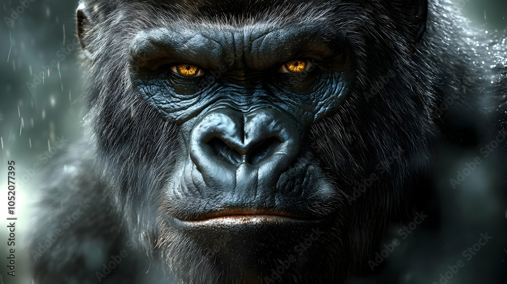 Naklejka premium Gorilla Portrait in the Rain - Realistic Image