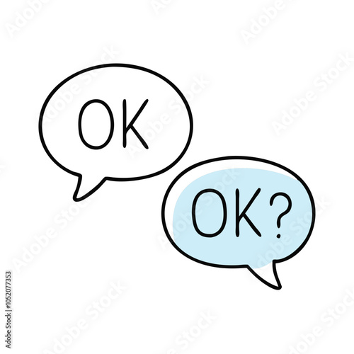 Speech bubble icon with the words "OK?" question and answer "OK" "good"