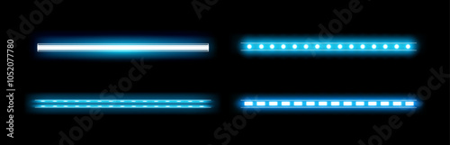 Tube lamp illuminating cold light. Vector isolated set of LED realistic bright bars for interior of home, bar or casino. Tapes with bulbs and fluorescent or halogen ribbon for furniture