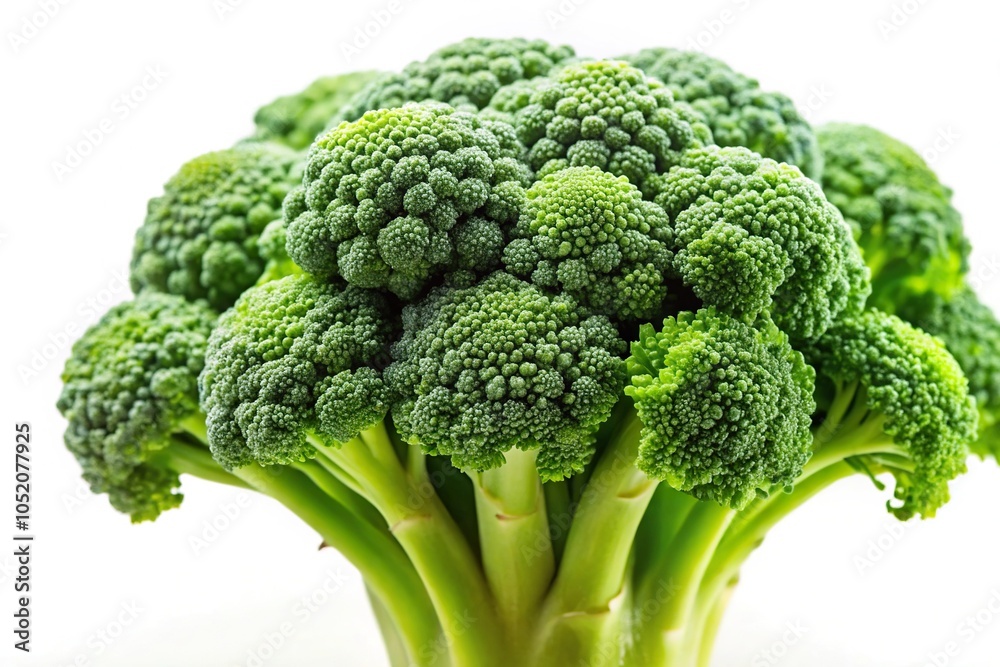 A close-up of a healthy broccoli head with florets and stalks on a white background, edible, stem A close-up of a healthy broccoli head with florets and stalks on a white background, edible, stem