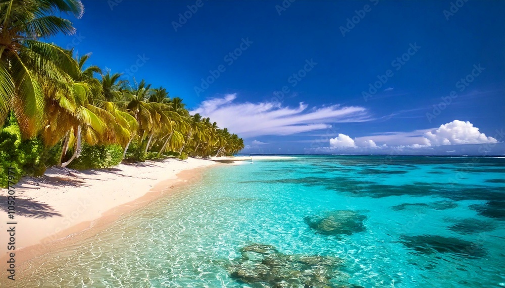 Fototapeta premium A pristine white sand beach with turquoise water gently lapping the shore ,palm tree. Sway