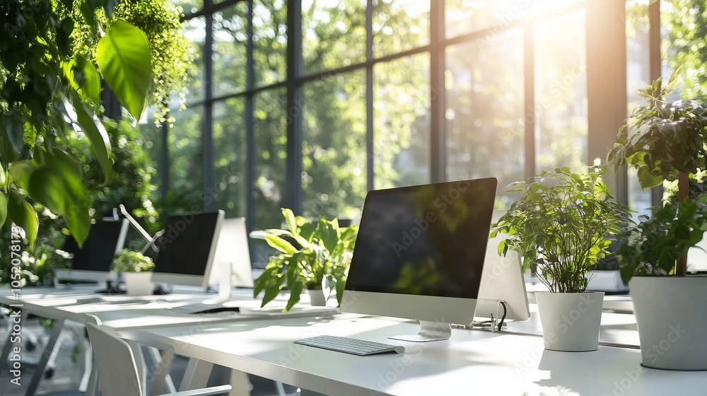 Bright modern office interior with sleek design and iMacs. AI generated illustration