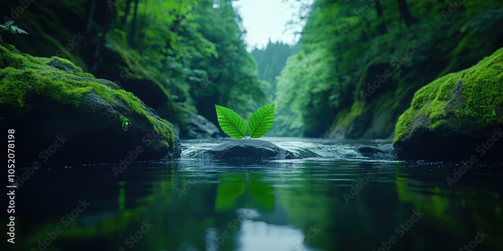 Fototapeta premium Tranquil River Scene with Green Leaves on Mossy Rock