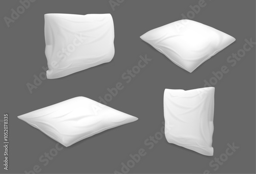 Fluffy comfortable pillows for bedroom and living room. Vector isolated set of empty blank cushions for sofa. Template mockup of white bedding for sleeping, napping relaxation. Different side views