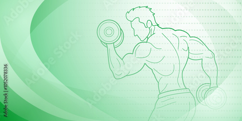 Green fitness themed background. Stylized illustration of a man lifting weights with his arms flexed and muscles defined.