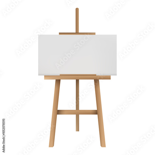 Blank canvas on wooden easel stand. Vector isolated realistic horizontal paper sheet for drawing. Presentation or pitch, empty board for writing or painting. Billboard or whiteboard on tripod