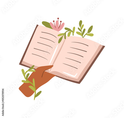 Opened book with herbarium or flowers in blossom. Vector isolated reader with diary or journal, reading and enjoying story or novel. Romantic genre, fiction and botany bouquet decor pages