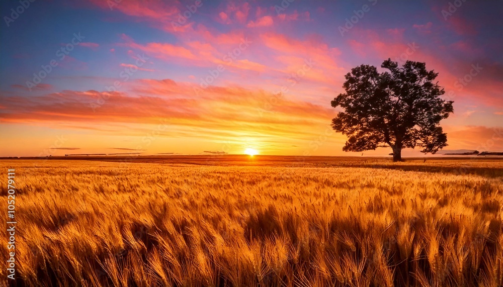 Fototapeta premium A vast golden filled of wheat swaying gently in the breeze under bright orange and pink sunset.