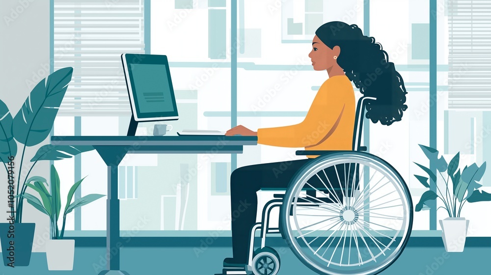 young girl with a wheelchair in an office. flat cartoon style.