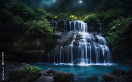 Enchanting moonlit waterfall cascading into a crystal-clear pool, surrounded by luminescent flora