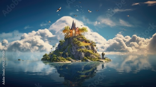 A surreal, dreamlike image of a hermit floating among the clouds in a whimsical, floating island, with a small, enchanted home and magical creatures flying around in a fantastical sky.