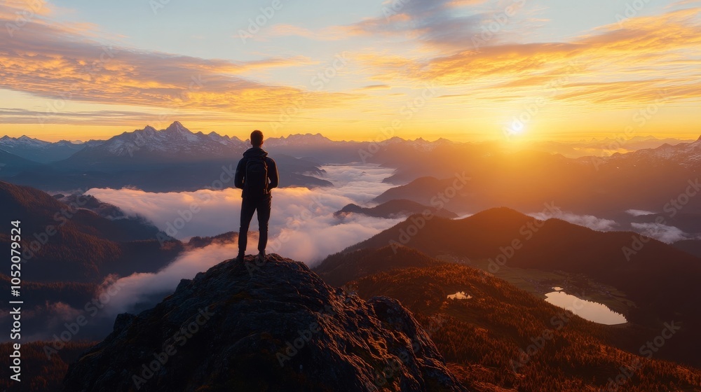 Man Standing on Mountain Peak at Sunrise with Fog Below Man Standing on Mountain Peak at Sunrise with Fog Below