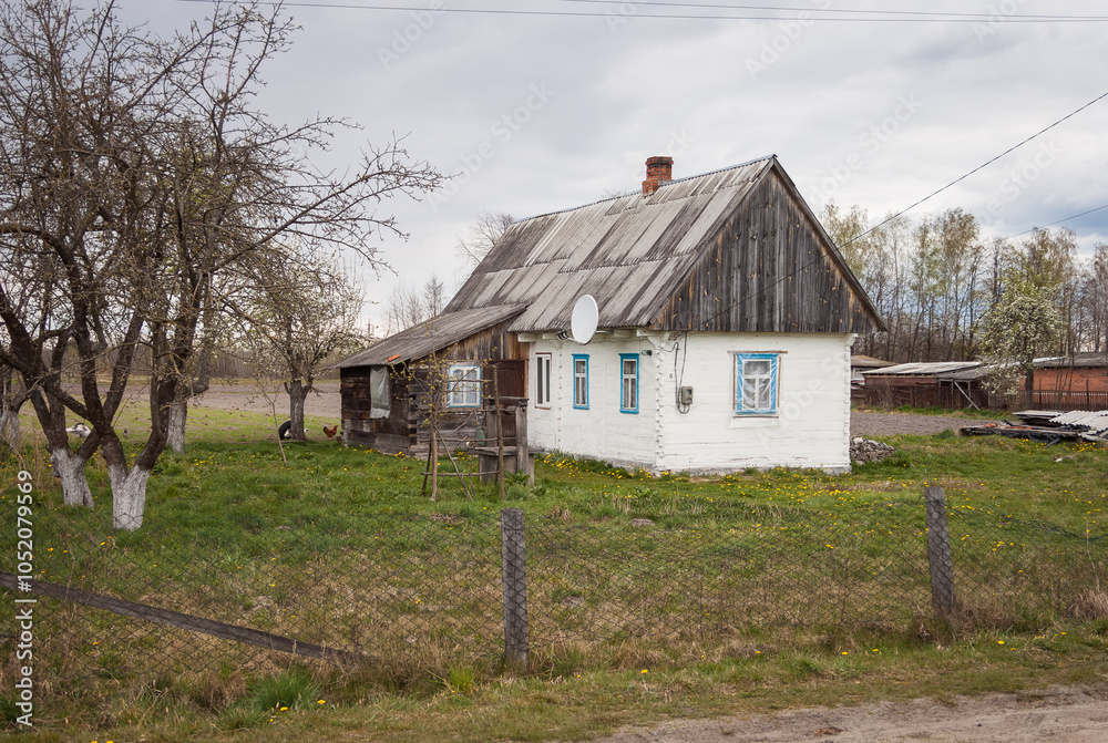 Abandoned old wooden house among the trees. Rural spring landscape. Ukrainian folk architecture Abandoned old wooden house among the trees. Rural spring landscape. Ukrainian folk architecture