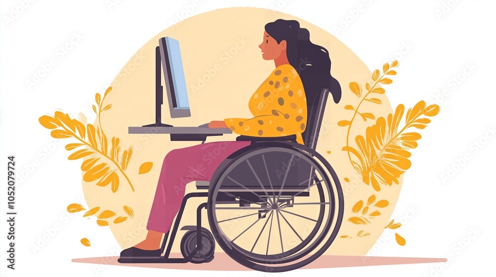young girl with a wheelchair in an office. flat cartoon style.
