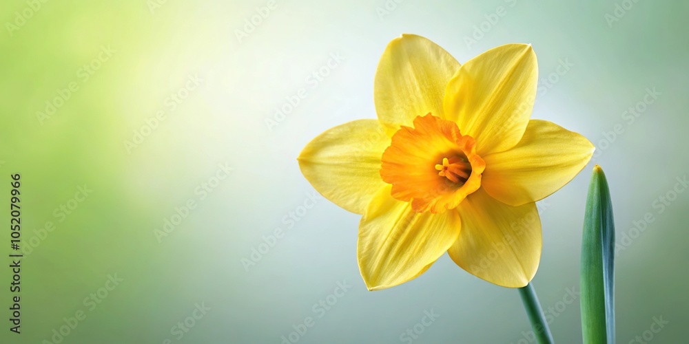 Fototapeta premium A close-up of a single daffodil with trumpet-shaped bloom and green stem, spring flowers, nature art, botanical illustration, close-up photography