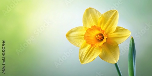 A close-up of a single daffodil with trumpet-shaped bloom and green stem, spring flowers, nature art, botanical illustration, close-up photography