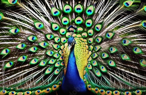 The peacock has spread its tail. The bird has beautiful plumage.