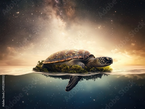 A serene turtle floats on a tranquil lake, surrounded by a mesmerizing cosmic backdrop, blending nature and the universe beautifully. photo