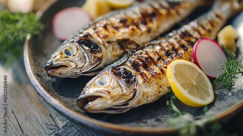 Grilled sardine delicacy with radish and lemon. AI generated illustration.