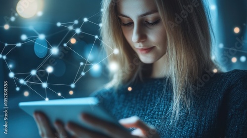 Focused woman using tablet amid digital connections