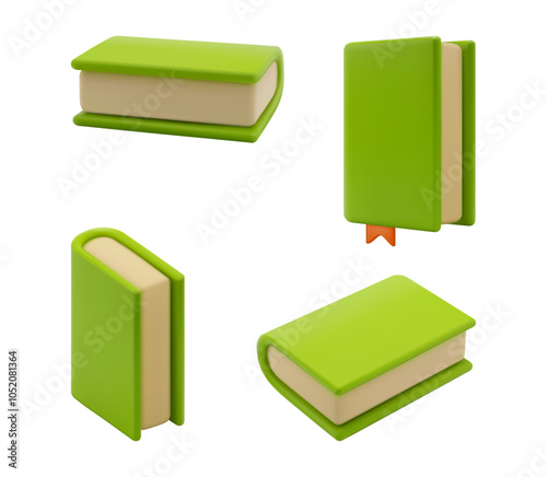 Closed books in hardcover, education sign knowledge, studying and learning concept. Green 3D books in realistic dictionary or encyclopedia, notebook or textbook, students booklet brochure