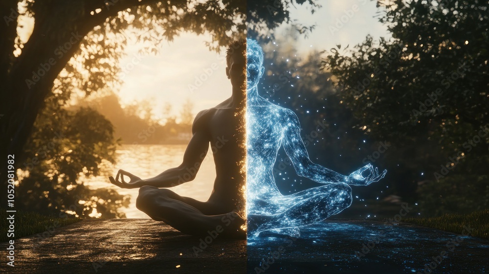 Obraz premium Harmonious Meditation Amidst Natural and Digital Worlds