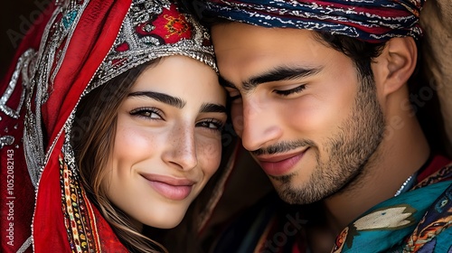 Happy Berber couple in wedding outfits smiling joyfully at the camera