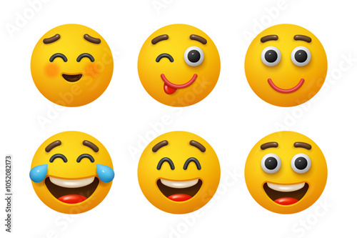 Stickers and faces expressing funny emotions. Vector isolated heads with facial expression. Sticking out tongue and winking with smile, happiness and laughter, joy and gladness feeling