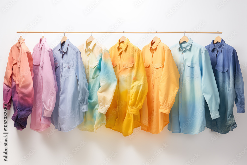 Colorful Gradient Shirts Hanging on Wooden Clothes Rail Colorful Gradient Shirts Hanging on Wooden Clothes Rail