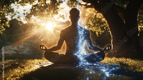 Golden glow of meditation merging digital magic