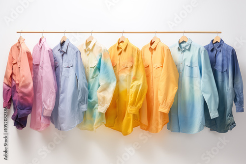 Colorful Gradient Shirts Hanging on Wooden Clothes Rail