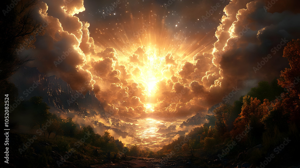 Fototapeta premium Golden Light Through Clouds Illustration