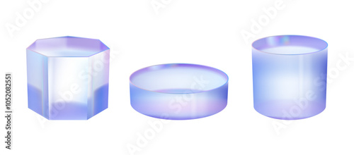 Holographic pedestals, transparent podium platforms isolated on white. Vector hologram showcase displays, award podiums futuristic illustration. Gala platforms set
