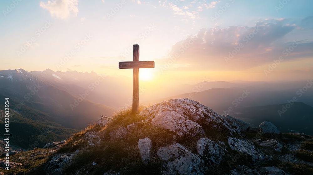 A wooden cross stands on a rocky hilltop as the sun sets over the mountains, symbolizing hope and faith in nature's quiet beauty A wooden cross stands on a rocky hilltop as the sun sets over the mountains, symbolizing hope and faith in nature's quiet beauty