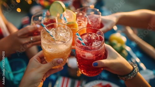 Colorful cocktails clinking in lively outdoor setting.