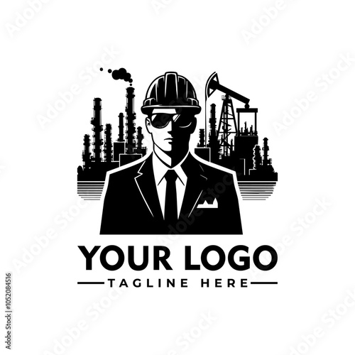 Worker in hard hat stands arms crossed in front of industrial plant vector logo Industrial worker in hard hat stands confidently in front of factory. Suitable for construction, engineering, manufactur