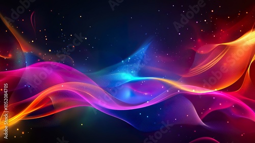 Abstract background with flowing lines and glowing particles in vibrant colors.